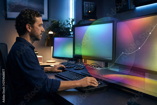 Film editor working with color grading monitors