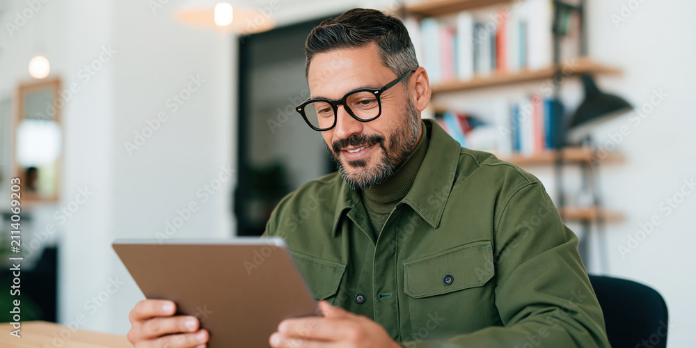 Obraz premium Online seller using tablet for e commerce work, smiling