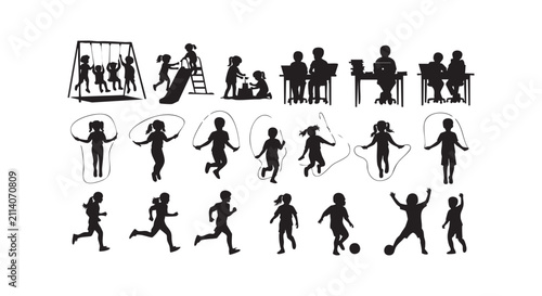 Children activities silhouettes vector. kids playing, jumping rope, studying, and exercising.
