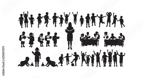 Children learning and playing silhouettes education classroom school kids activities vector.