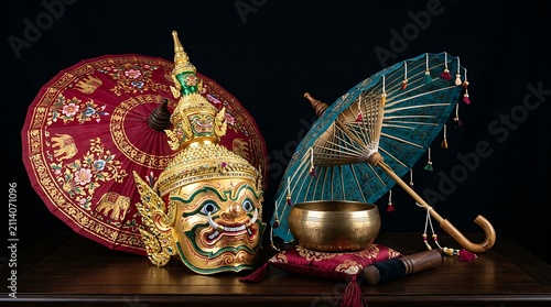 traditional Thai cultural symbols, showcasing an ornate golden Khon dance mask, a pair of hand-painted silk umbrellas, and a small brass singing bowl, realistic,elegant gold accents, deep black backgr