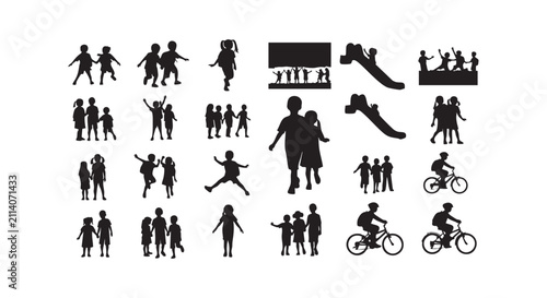 Children playing silhouette set featuring playground activities and kids outdoor fun art.