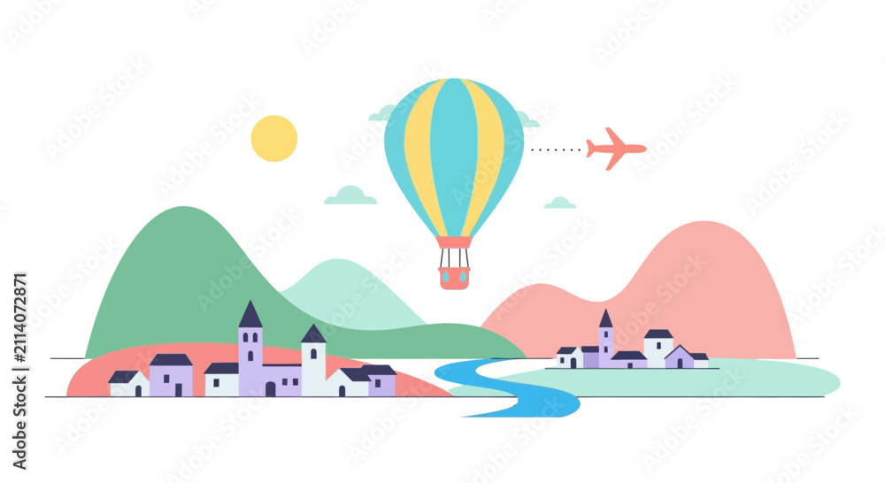 Fototapeta premium Hot air balloon over village, travel concept