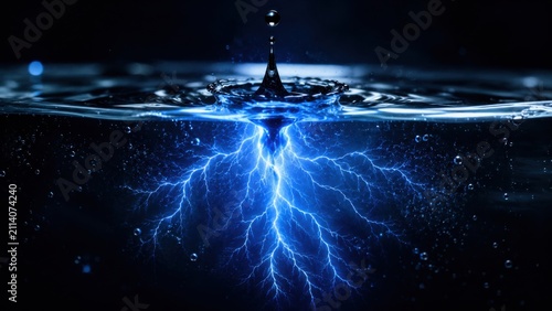 Electric storm lightning striking water at night. Dramatic blue energy discharge over dark ocean waves with high voltage impact.