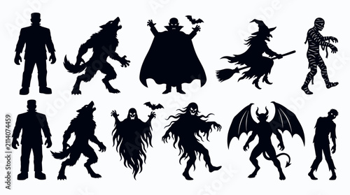 Fotografie Set of ten distinct Halloween monster silhouettes in various poses includes Frankenstein's monster, werewolves, vampires, witches, mummies, ghosts, and demons