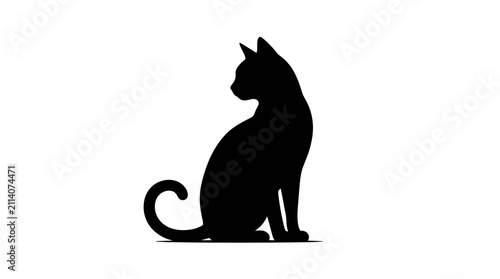Fotografie Domestic cat is shown in a sleek black silhouette, sitting elegantly with its tail curled and head turned to the side, against a clean white background