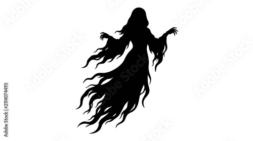 Photography Halloween, Spooky ghost silhouette vector, haunting female spirit with tattered