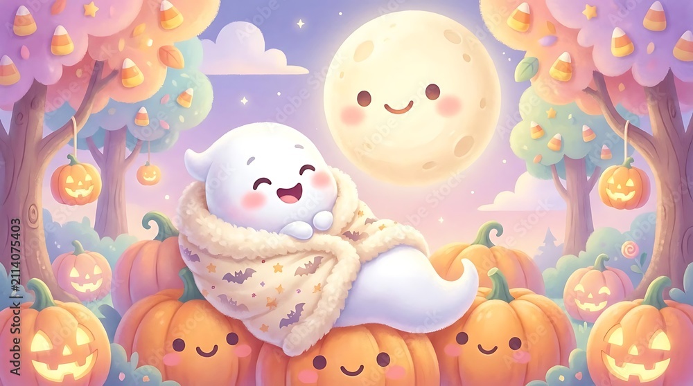 Naklejka premium Cute ghost wrapped in blanket with pumpkins and full moon