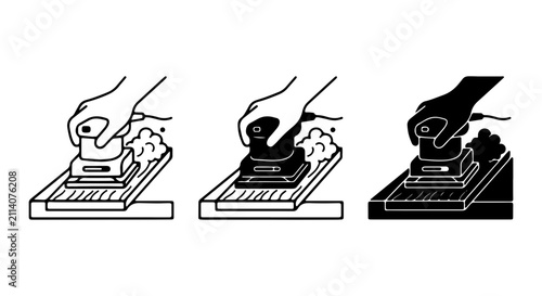 Sander Tool Vector Icons, Wood Sanding Process, DIY Home Improvement, Construction Work