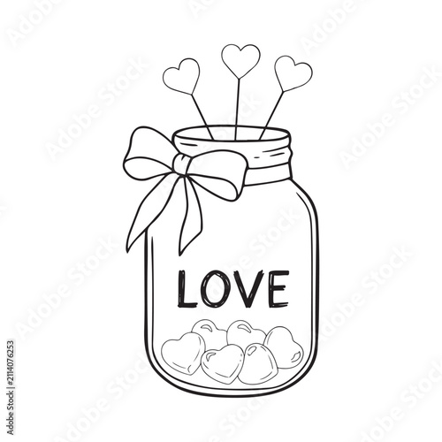 Принти на полотні Jar with hearts and ribbon black line drawing on white background
