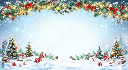 Bright winter wonderland adorned with festive decorations and frosty trees invites holiday cheer