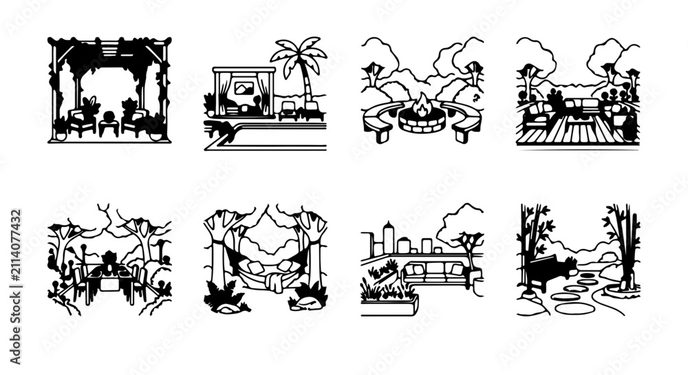 Fototapeta premium Vector Landscape Scenes, Tropical Resort, Cityscape, Nature Views, Black and White Illustrations