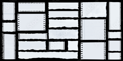 фотографія torn lined and graph paper pieces on black background notebook writing school su