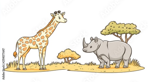 Cartoon illustration featuring a giraffe and a rhino in a grassy savanna setting