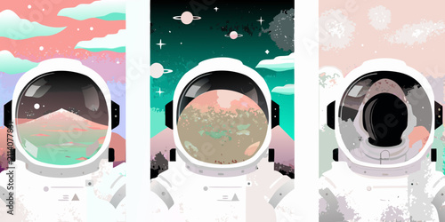 Foto astronaut helmets with cosmic views vector illustration helmet view space planet