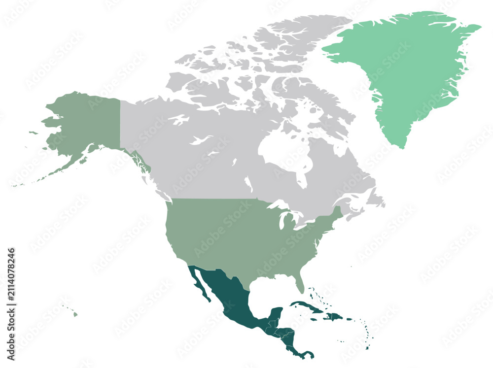 Fototapeta premium North America Continent Map Illustration with Green and Grey Regional Shading