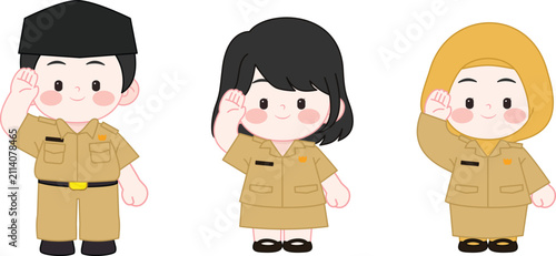 Fotografía Cute Indonesian Civil Servant Characters in Khaki Uniform