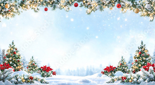Winter wonderland scene adorned with festive decorations and snow-covered trees