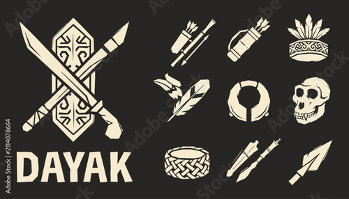 Foto Dayak Traditional Weaponry and Tribal Cultural Artifacts Flat Vector Illustratio