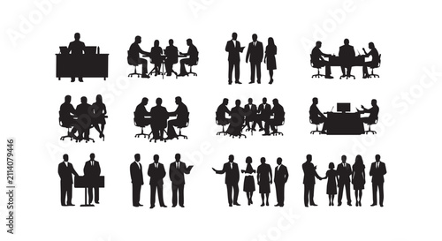 Corporate business team silhouettes including meeting groups and professional speakers.
