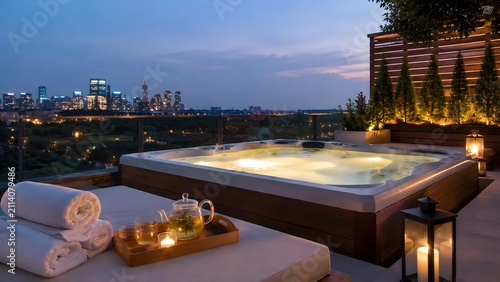Rooftop hot tub overlooking city skyline