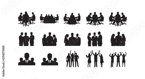 Corporate team silhouettes showing business meetings group discussions and success poses.