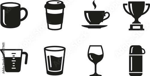 Set of black and white icons representing various types of drinking vessels and containers for beverages