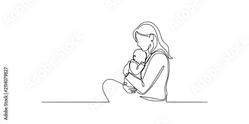 Continuous single line drawing of a mother holding her newborn baby in her arms