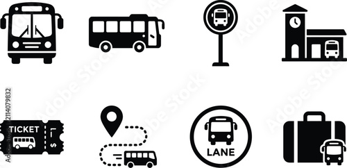 Set of black and white bus transportation icons representing travel public transit and urban commuting services