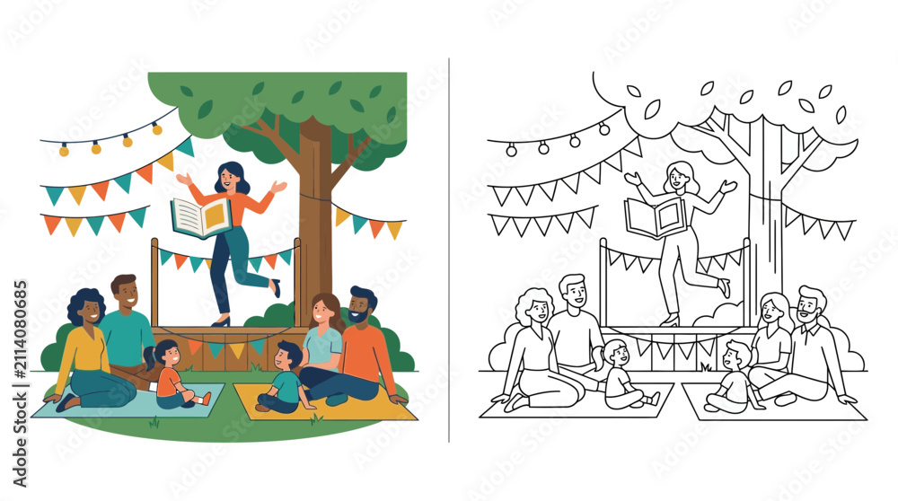 Naklejka premium Outdoor Storytelling Event: Woman Reads Book to Diverse Audience Under Tree with Bunting