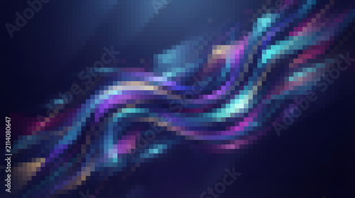 Abstract Neon Pixel Wave Background with Glowing Light Trails