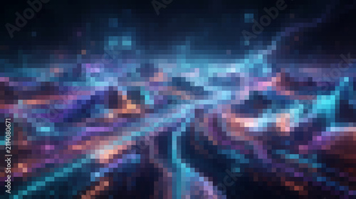 Futuristic Neon Ribbon Background with Pixel Mosaic Effect
