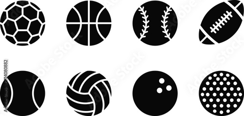 Set of black and white sports ball icons including soccer basketball baseball football tennis volleyball bowling and golf