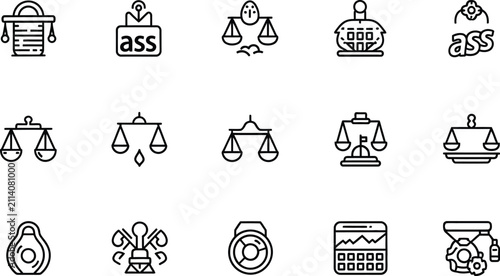 Obraz na płótnie Set of fifteen thin line vector icons representing law justice scales and legal