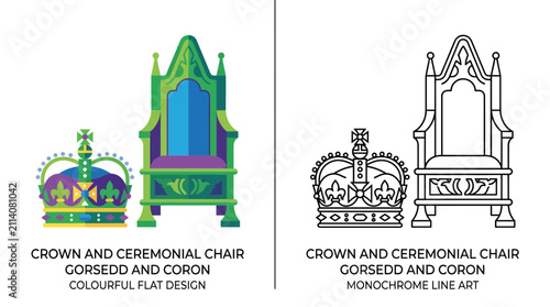 Canvastavla Colorful and Monochrome Royal Throne Chair and Crown Icons