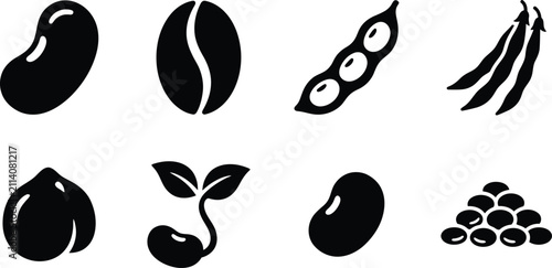 Set of black and white hand drawn bean icons representing various legumes and agricultural produce