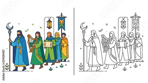 Foto Fantasy Procession: Mystical figures with harp, staffs, and banners in a stylized march