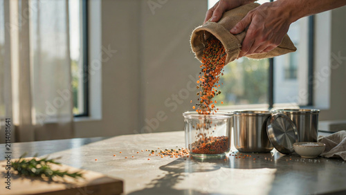 Pouring dry soup mix into a glass jar for storage.