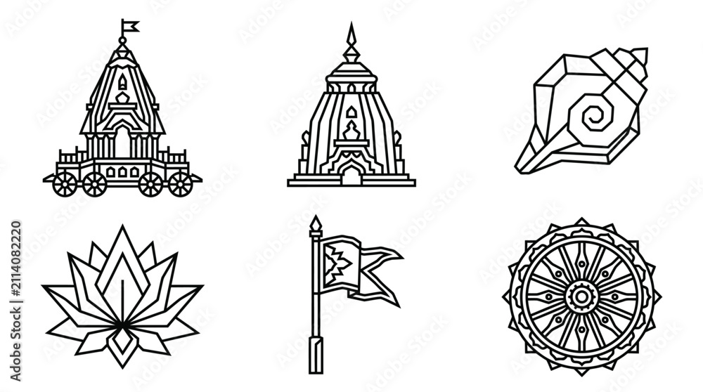 Fototapeta premium Set of line art icons representing traditional Indian religious symbols and architecture.