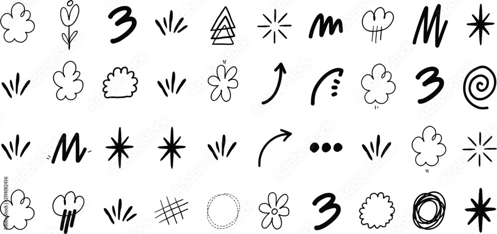 Fototapeta premium Hand Drawn Cute Scribble Vector Element Set Featuring Abstract Flowers Clouds Sparkles Arrows and Geometric Shapes for Creative Notebook Journal Sticker Designs