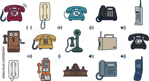 Konstfotografi Vintage and Retro Telephone Icon Set showing the Evolution of Communication Devi