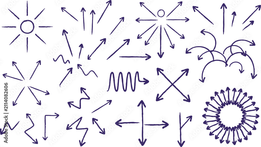 Obraz premium Hand Drawn Arrow Vector Icon Set Featuring Hand Crafted Sketch Pointers Curves and Directional Indicator Shapes for Creative Presentation Infographics and Layouts
