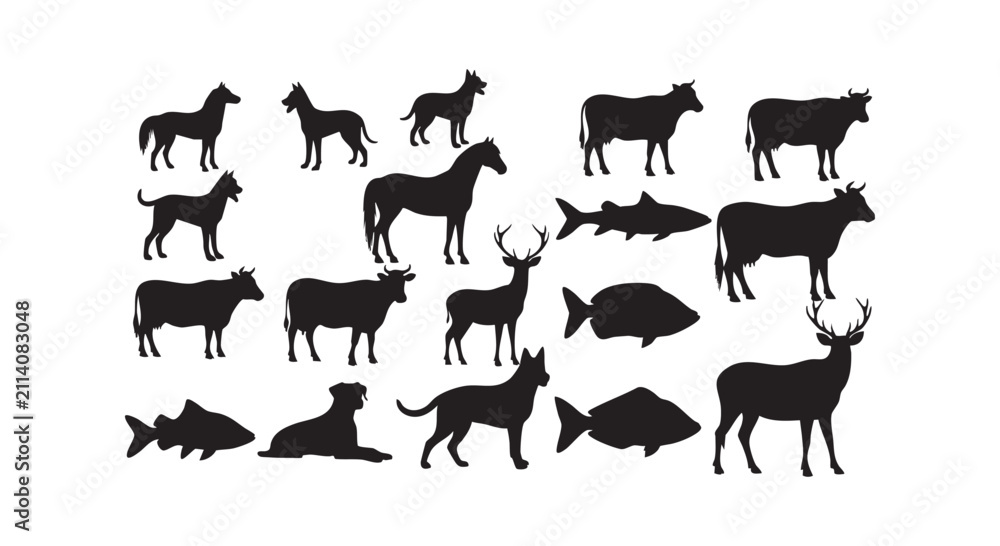 Fototapeta premium Diverse animal silhouettes vector collection with farm, wild, and aquatic creatures.