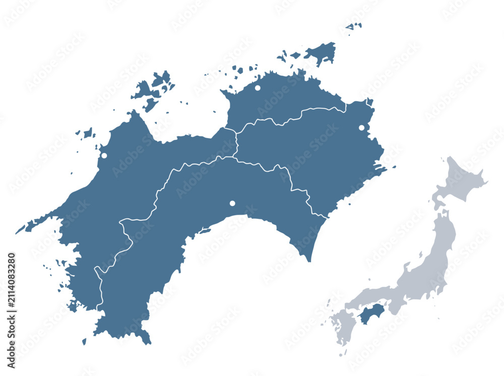 Obraz premium Shikoku Region Japan Map with Four Prefectures and National Location Inset