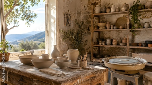 Rustic ceramic tableware in countryside kitchen