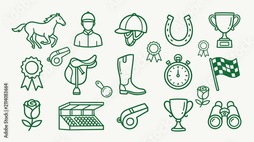 Foto A collection of equestrian sport icons, including a horse, rider, saddle, boots, trophies, and racing flags, presented in a clean, green outline style on a light background