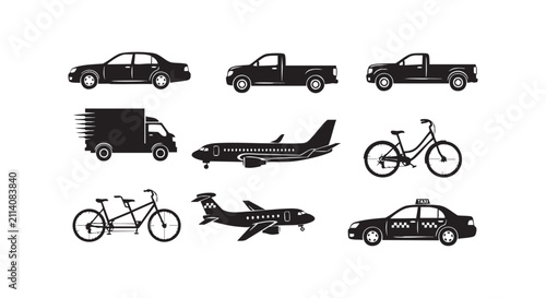 Diverse transportation options including cars, trucks, airplanes, bicycles, and a taxi.
