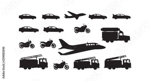 Diverse transportation vehicle silhouettes including cars, motorcycles, planes, and trucks.