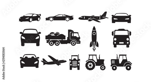 Diverse vehicle and transport silhouettes including cars trucks planes rockets and tractors.