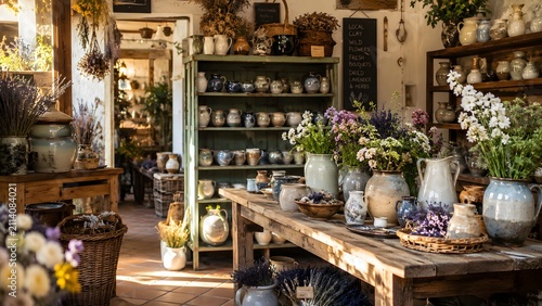 Rustic artisan shop with ceramics and flowers